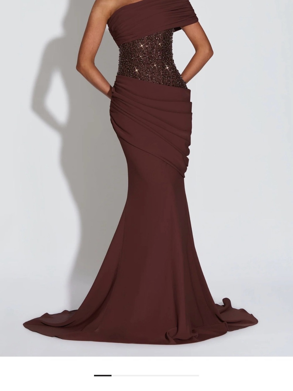 One-Shoulder Chocolate Brown Evening Gown with Beaded Bodice